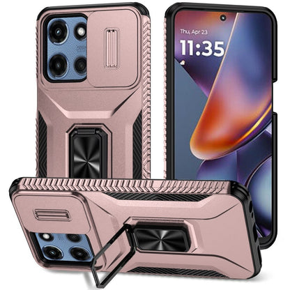 For Apple iPhone 17E /16E Case, Camera Cover with Magnetic Rotation Ring Stand, Military Grade Hybrid Hard TPU Shockproof Case Cover Rose Gold