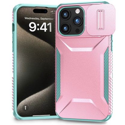 For iPhone 15 Pro Max (6.7") Slim Fit Shockproof Hybrid with Slide Camera Window Covering, Rugged Tpu Silicone Hard PC Bumper Case Cover Pink-Teal