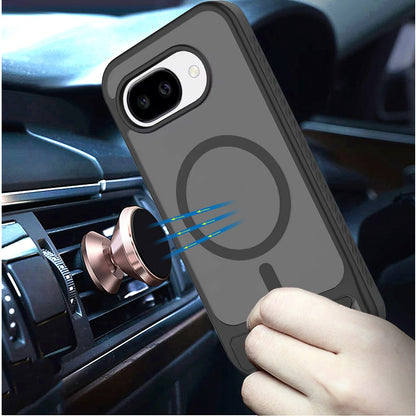 Phone Case for Google Pixel 10A Matte Magnetic Metal Kickstand Shockproof Grip Anti Slip Durable Protective Heavy Duty Hybrid Cover Black