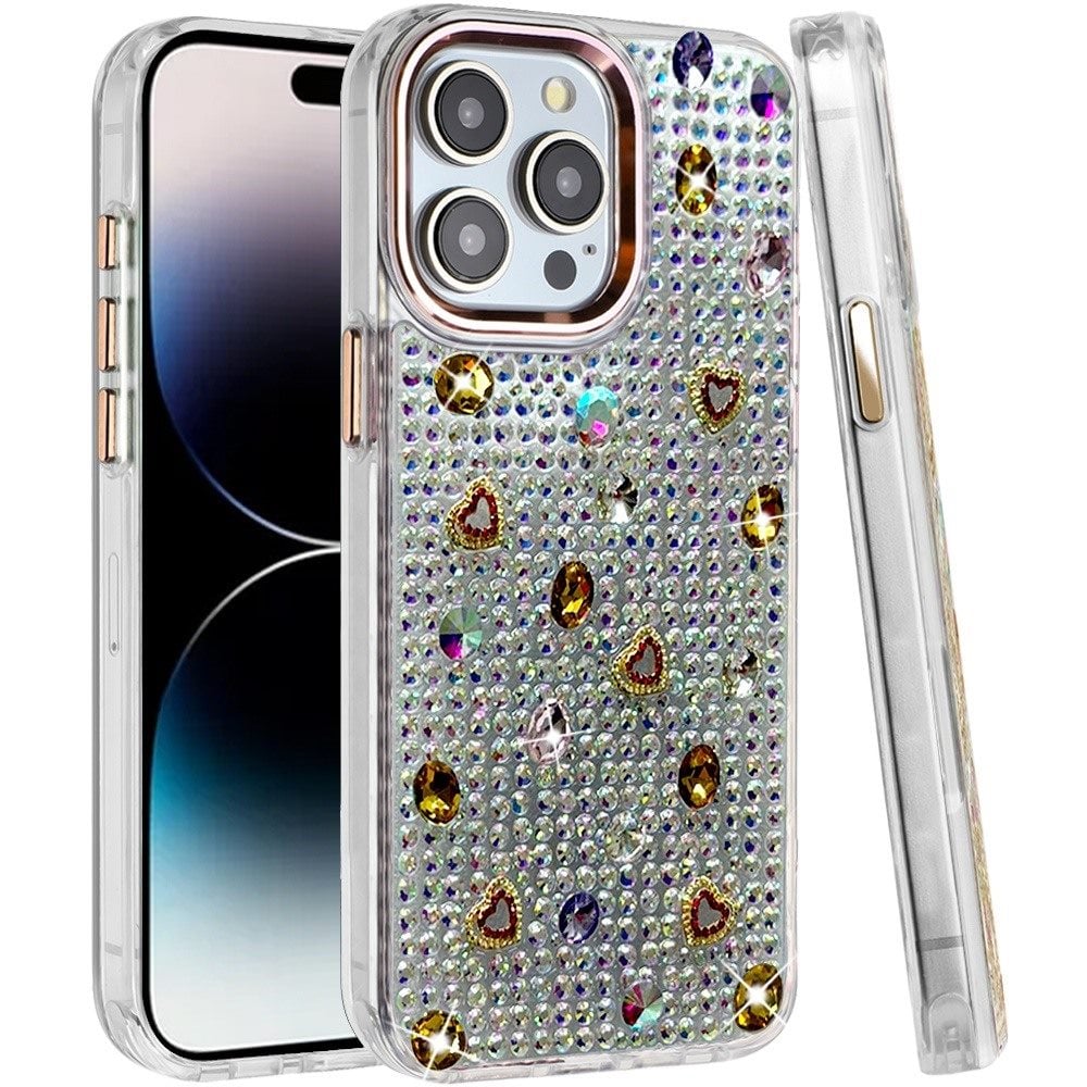 Phone Case for Apple iPhone 14 Pro Max Chrome Fashion Hybrid Bling Diamond Heart Rhinestone Decorative Stones Sparkling Embellished Design Cover
