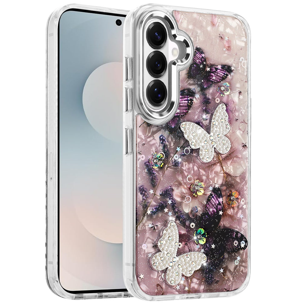 For Samsung Galaxy S26 Epoxy Glitter Flowers Bling 3D Butterfly Fashion TPU Hybrid with Shockproof Protection Case Cover