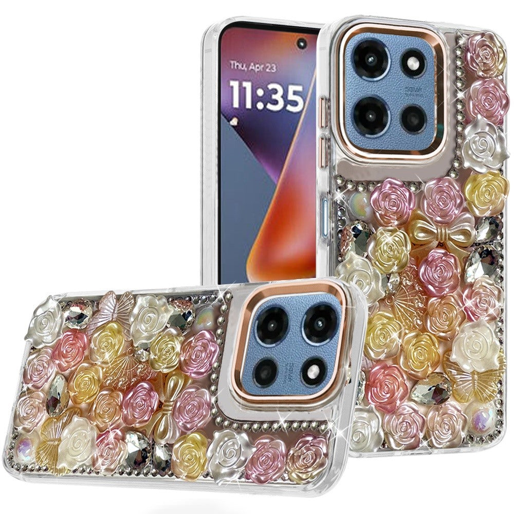 For Motorola Moto G Play 5G 2026 Muti-Color Floral Fashion Bling Crystal 3D Full Diamonds Stones Sparkle Rhinestone Glitter Hybrid Case Cover