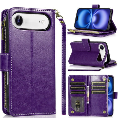 For Apple iPhone 17 Air (6.6") Leather Wallet Case with Zipper, 9 Card Slots, Cash Pocket, Stand & Strap, Clutch Pouch Design Case Cover