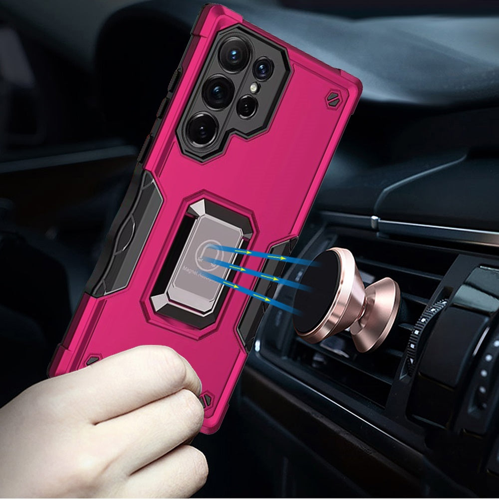 For Samsung Galaxy S25 Ultra Hybrid Stand Magnetic Ring Holder Kickstand Heavy Duty Rugged Drop Silicone & Hard PC Shockproof Case Cover Hotpink