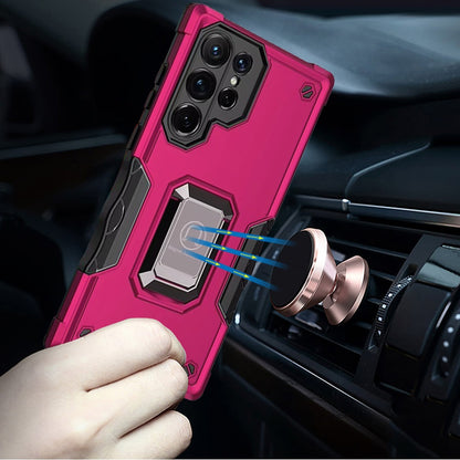 For Samsung Galaxy S25 Ultra Hybrid Stand Magnetic Ring Holder Kickstand Heavy Duty Rugged Drop Silicone & Hard PC Shockproof Case Cover Hotpink