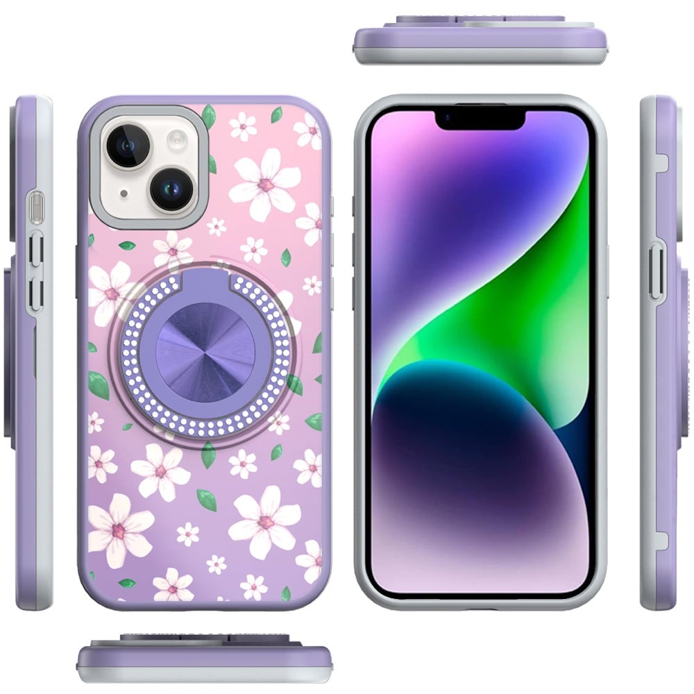 Phone Case for Apple iPhone 14/13 Magnetic Ring Stand Matte Metal Hybrid Car Mount Friendly Shockproof Rotational Grip Diamond Design Pattern Cover