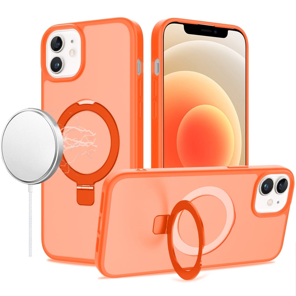 For iPhone 12 / iPhone 12 Pro (6.1") Magnetic Circle Back with Ring Stand Full Rotation Matte Hybrid Shockproof Case Cover Dark Purple