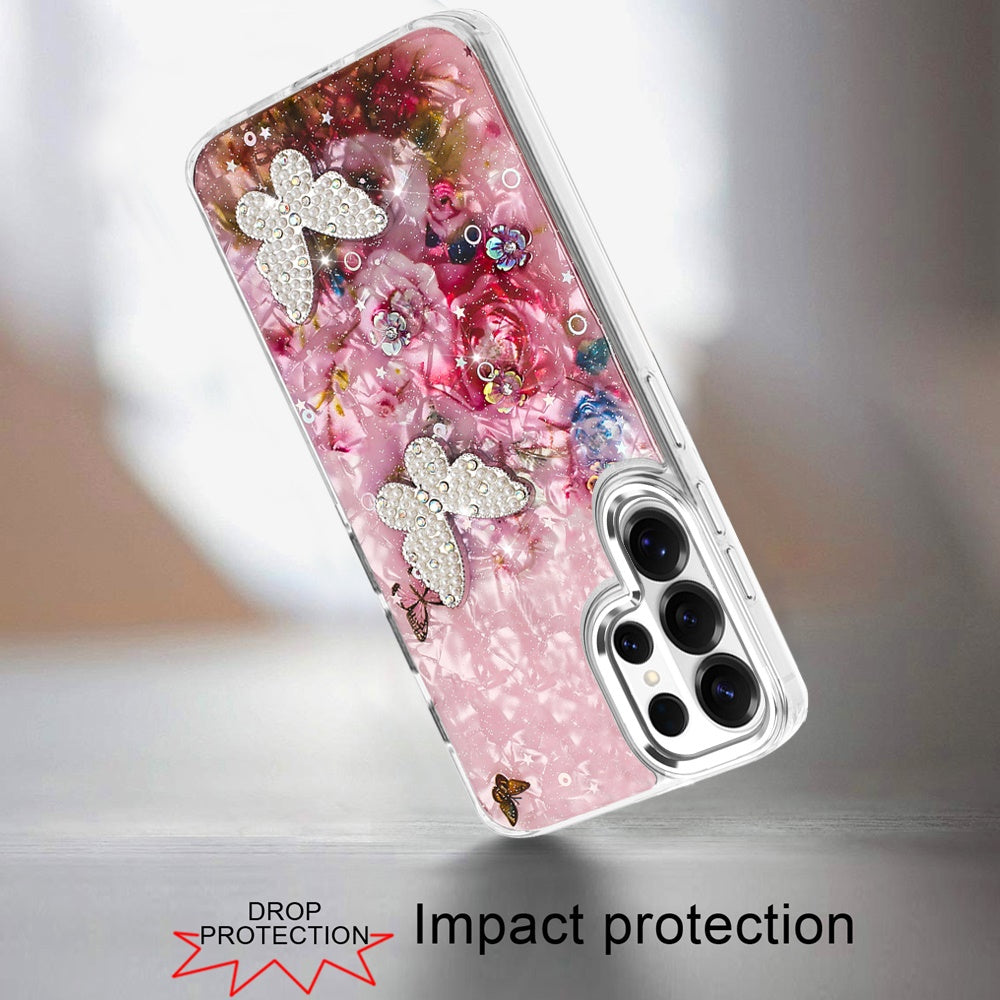 For Samsung Galaxy S26 Ultra Epoxy Glitter Flowers Bling 3D Butterfly Fashion TPU Hybrid with Shockproof Protection Case Cover