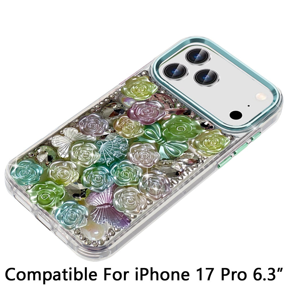 For Apple iPhone 17 Pro (6.3") Muti-Color Floral Fashion Bling Crystal 3D Full Diamonds Stones Sparkle Rhinestone Glitter Hybrid Case Cover