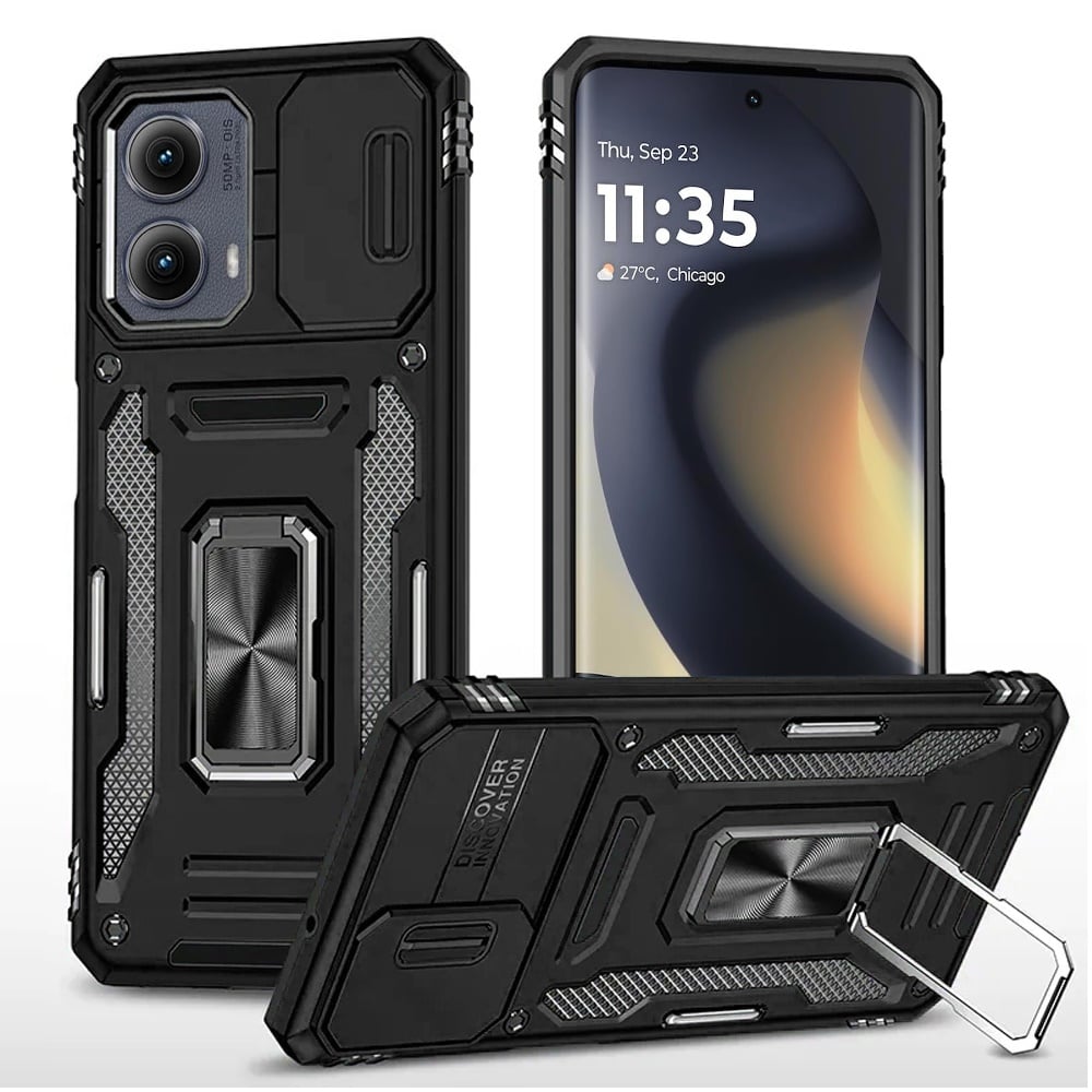 For Motorola Edge 2024 Tough Hybrid Case with Movable Camera Window & Metal Ring Stand Shockproof Case Cover Rose Gold
