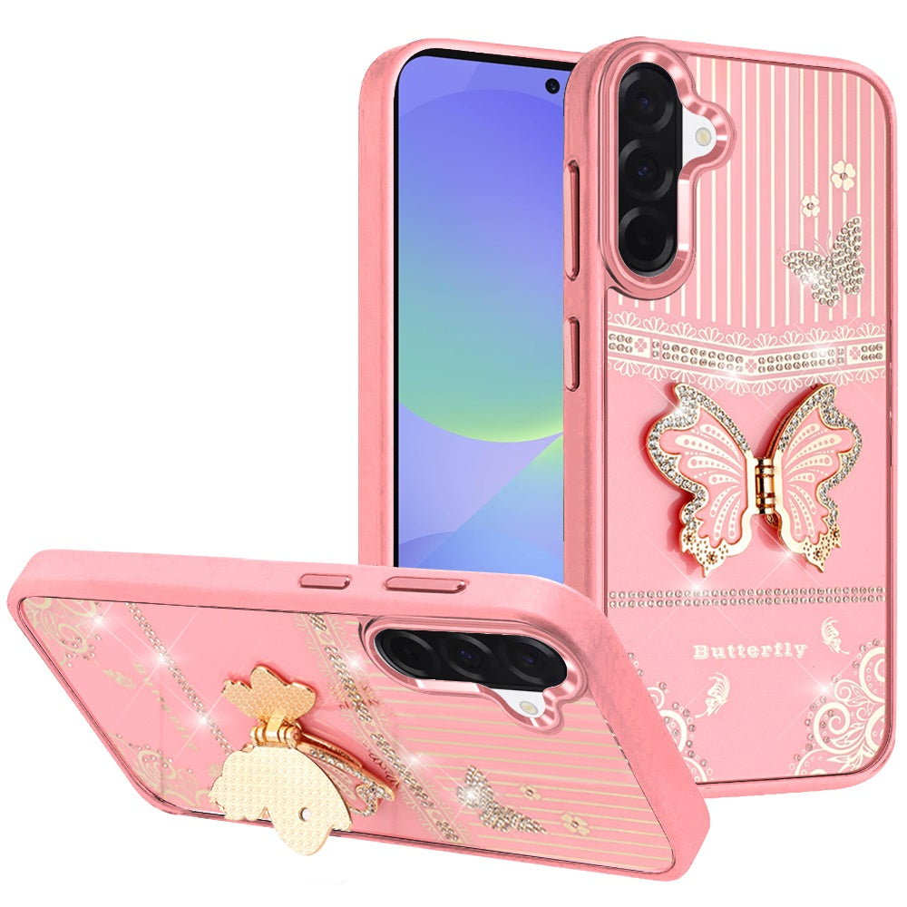Phone Case for Samsung Galaxy A37 / A36 Glitter Bling Butterfly Stand Metallic Edge Hybrid Shockproof Grip Durable Camera Protection Stylish Design Cover Pink