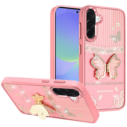Phone Case for Samsung Galaxy A37 / A36 Glitter Bling Butterfly Stand Metallic Edge Hybrid Shockproof Grip Durable Camera Protection Stylish Design Cover Pink