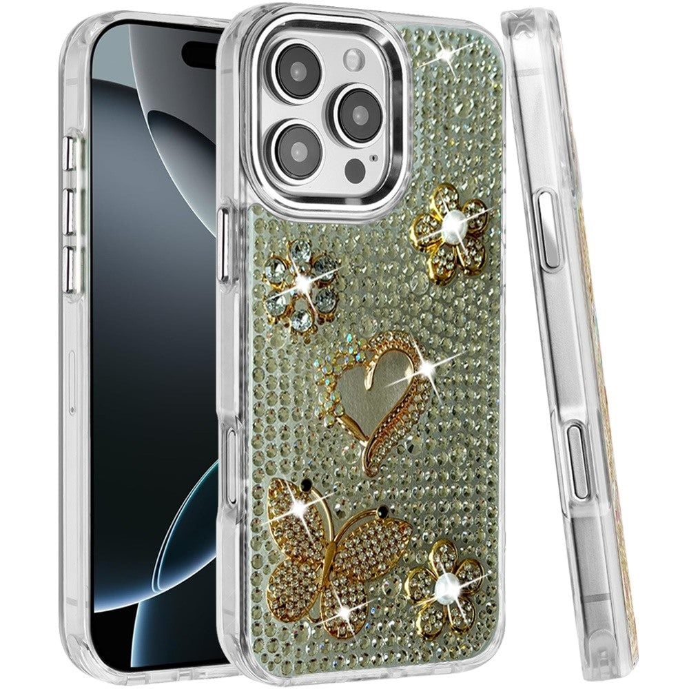 Phone Case for iPhone 16 Pro Max Luxury Crystal Butterfly Floral Jeweled Heart Full Diamond Design, Sparkling Decorative Details, Elegant Style Cover Silver