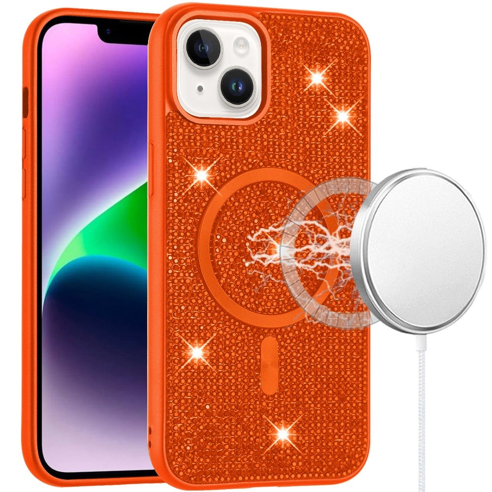 Phone Case for Apple iPhone 14/13 Magnetic Bling Diamond Sparkle Hybrid Shockproof Rugged Grip Durable Protection Anti-Slip Armor Design Cover Cosmic Orange