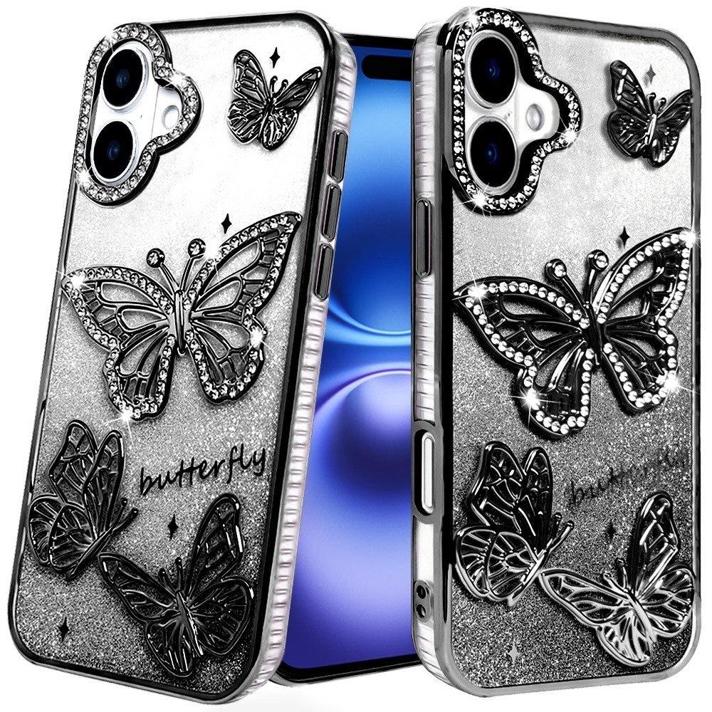 For Apple iPhone 17 (6.3") Luxury Butterfly Sparkle Glitter Diamond Crystal Rhinestone Shimmer Bling Plating Thick TPU Hard PC Case Cover