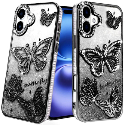 For Apple iPhone 17 (6.3") Luxury Butterfly Sparkle Glitter Diamond Crystal Rhinestone Shimmer Bling Plating Thick TPU Hard PC Case Cover