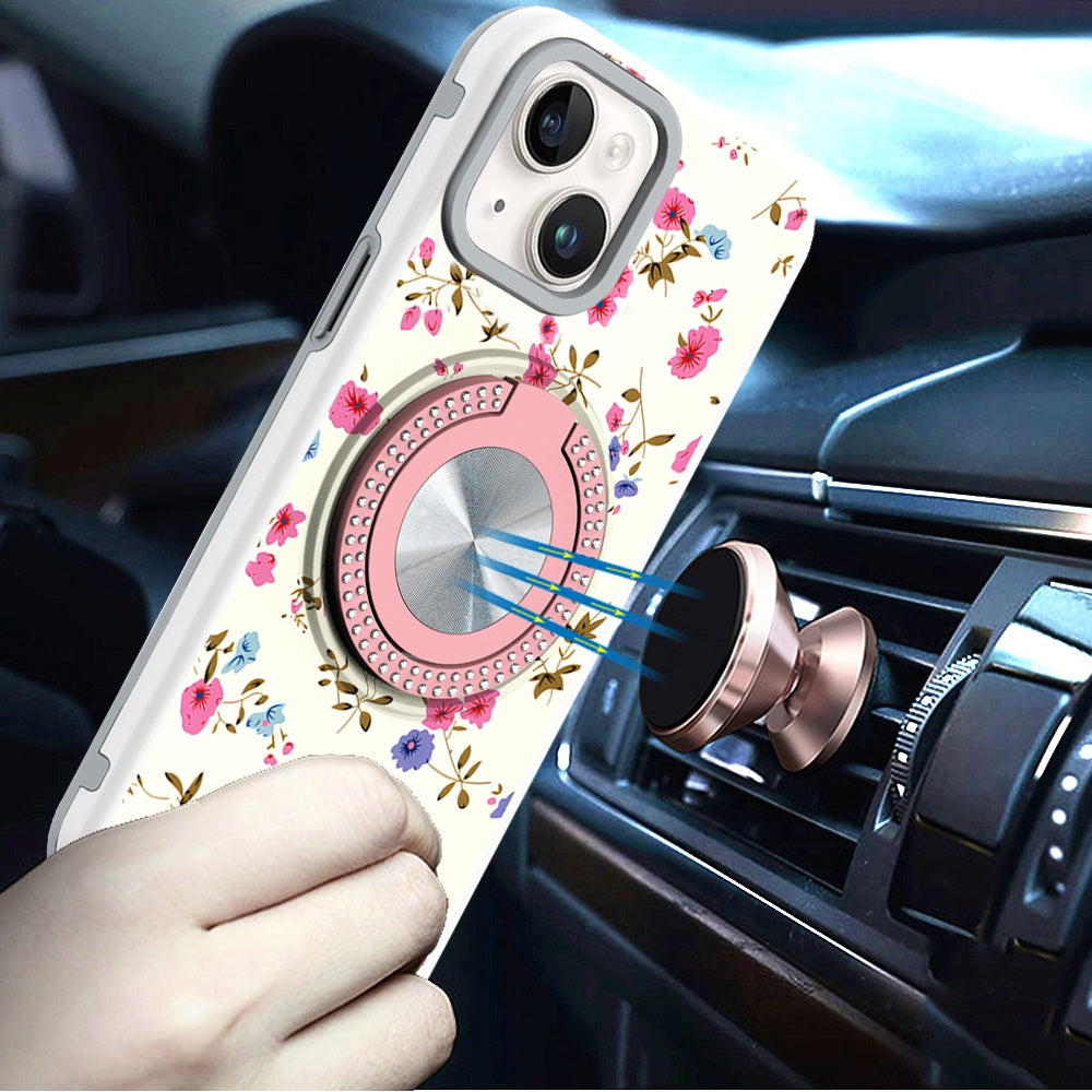 Phone Case for iPhone 14/13 Magnetic Ring Stand Matte Metal Hybrid Car Mount Friendly Shockproof Rotational Grip Diamond Design Pattern Cover