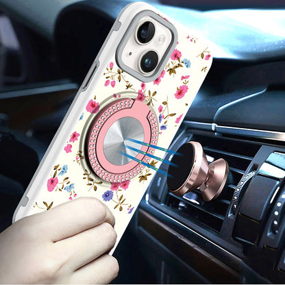 Phone Case for iPhone 14/13 Magnetic Ring Stand Matte Metal Hybrid Car Mount Friendly Shockproof Rotational Grip Diamond Design Pattern Cover