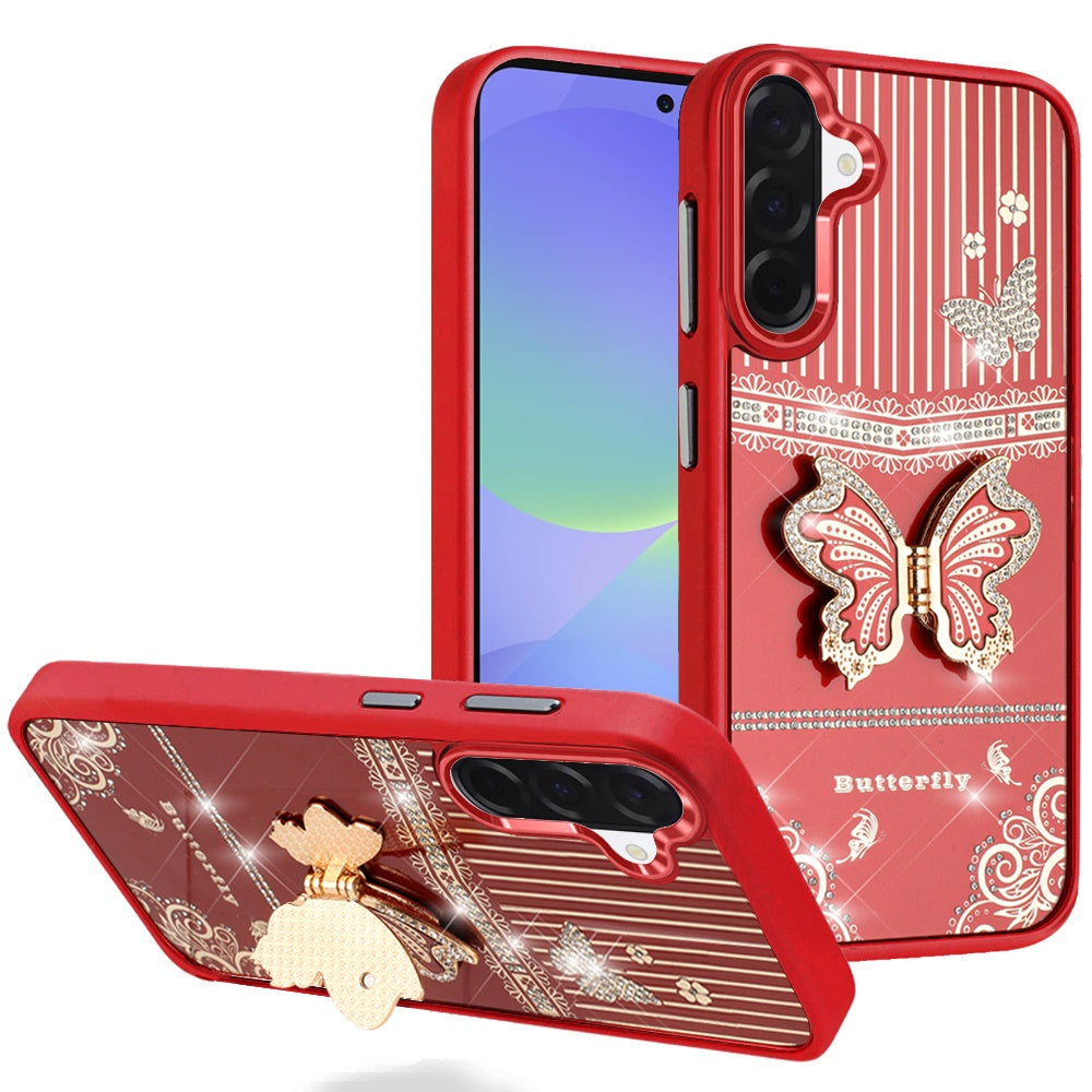 For Samsung Galaxy A36 Glitter 3D Butterfly Design Bling Metallic Edge Hybrid Stand Drop Protection TPU Shockproof Case Cover Red