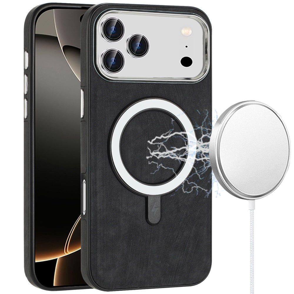 For Apple iPhone 17 Pro Fashion PU Vegan Leather Chrome Edge Hybrid, MagSafe Compatible, Durable TPU Hard PC Case Cover Black