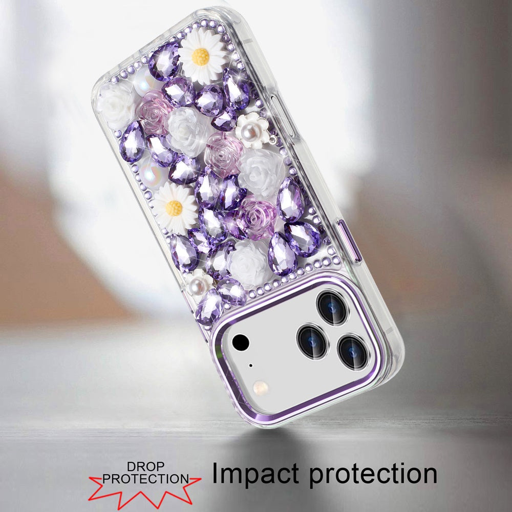 For Apple iPhone 17 Pro Max (6.9") Fashion Daisy Floral Series, Full 3D Bling Crystal Diamonds Sparkling Rhinestone Glitter Hybrid Design Case Cover