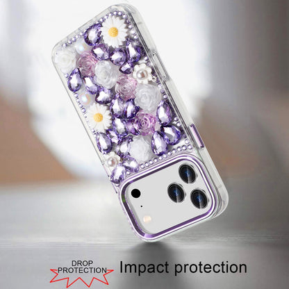 For Apple iPhone 17 Pro Max (6.9") Fashion Daisy Floral Series, Full 3D Bling Crystal Diamonds Sparkling Rhinestone Glitter Hybrid Design Case Cover