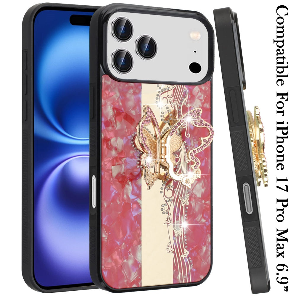 For Apple iPhone 17 Pro Max (6.9") Diamonds 3D Fashion Bling Sparkly Glitter Ornaments Engraving Hybrid with Ring Stand Case Cover