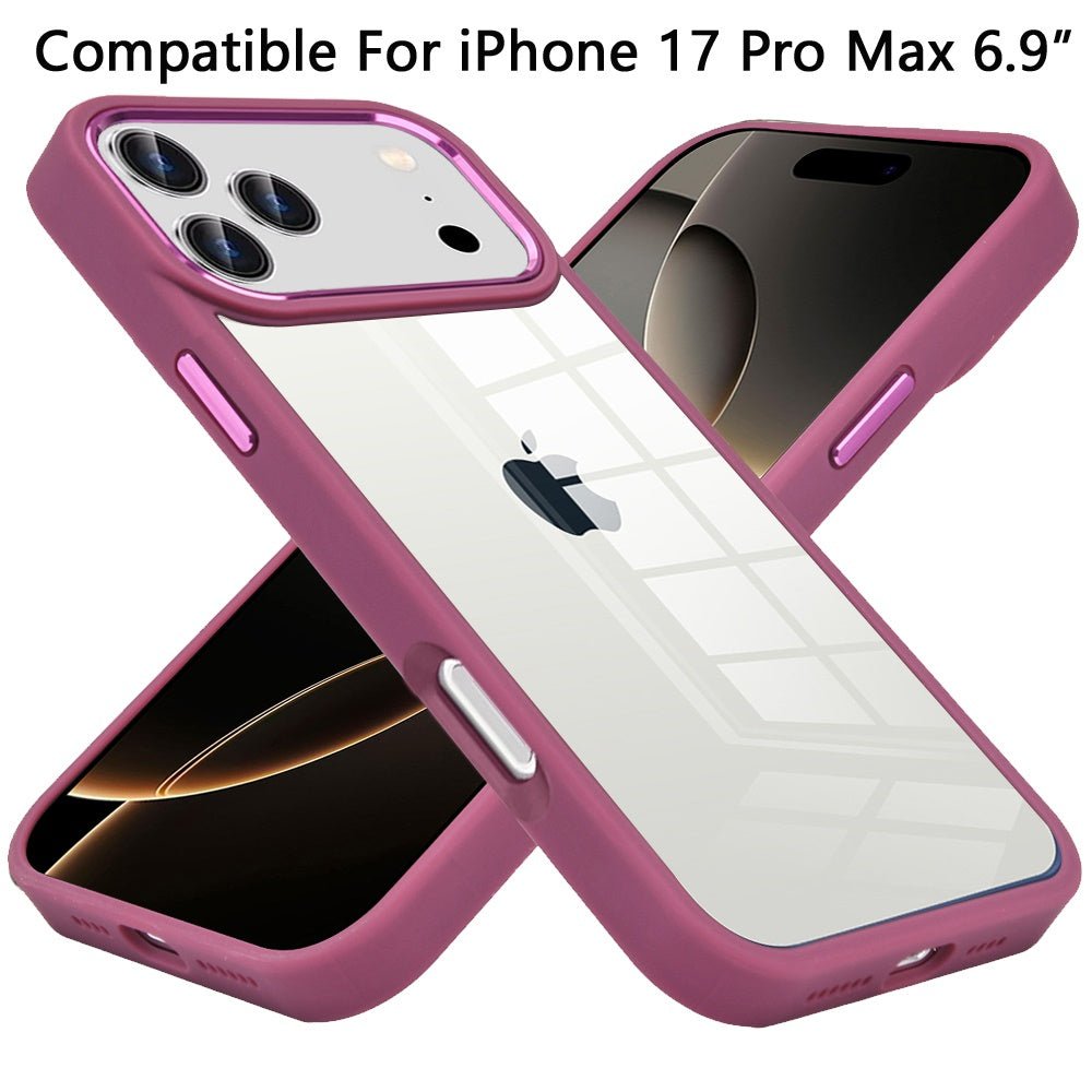 For Apple iPhone 17 Pro Max (6.9") Slim Fit Hybrid Transparent Thick Acrylic with Metal Buttons Frame Protective Hard PC + TPU Shockproof Case Cover Burgundy