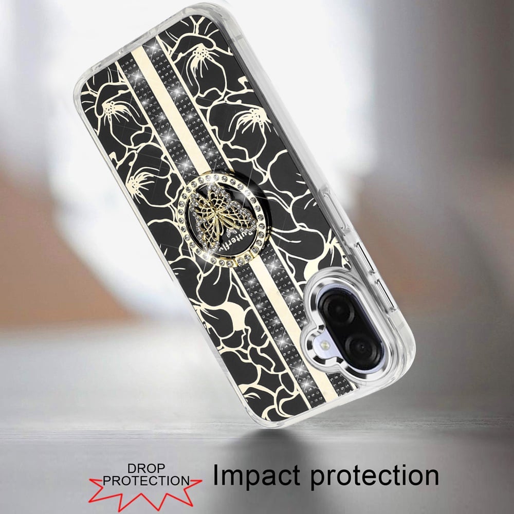 For Samsung Galaxy A07 Diamonds 3D Butterfly Floral Design Bling Sparkly Glitter Hybrid Metal Fashion with Ring Stand Case Cover