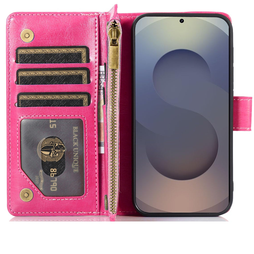 Phone Case for Samsung Galaxy S26 Ultra Luxury Leather Wallet Card Holder Zipper Pocket Money Storage Protective Grip Design with Strap Cover Pink