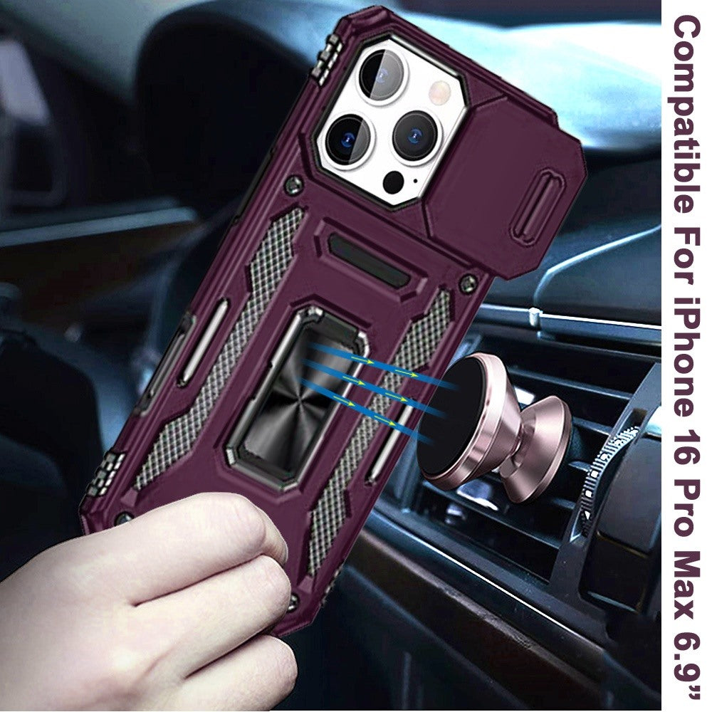 Phone Case for iPhone 16 Pro Max Tough Metal Ring Shockproof Sliding Camera Window Hybrid Armor Rugged Anti Slip Heavy Duty Grip Cover Purple