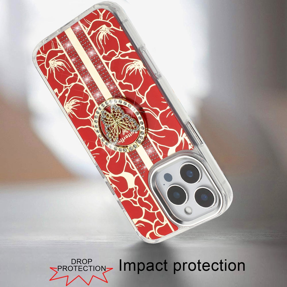 For iPhone 16 Pro Max (6.9") Diamonds 3D Butterfly Floral Design Bling Sparkly Glitter Hybrid Metal Fashion with Ring Stand Case Cover