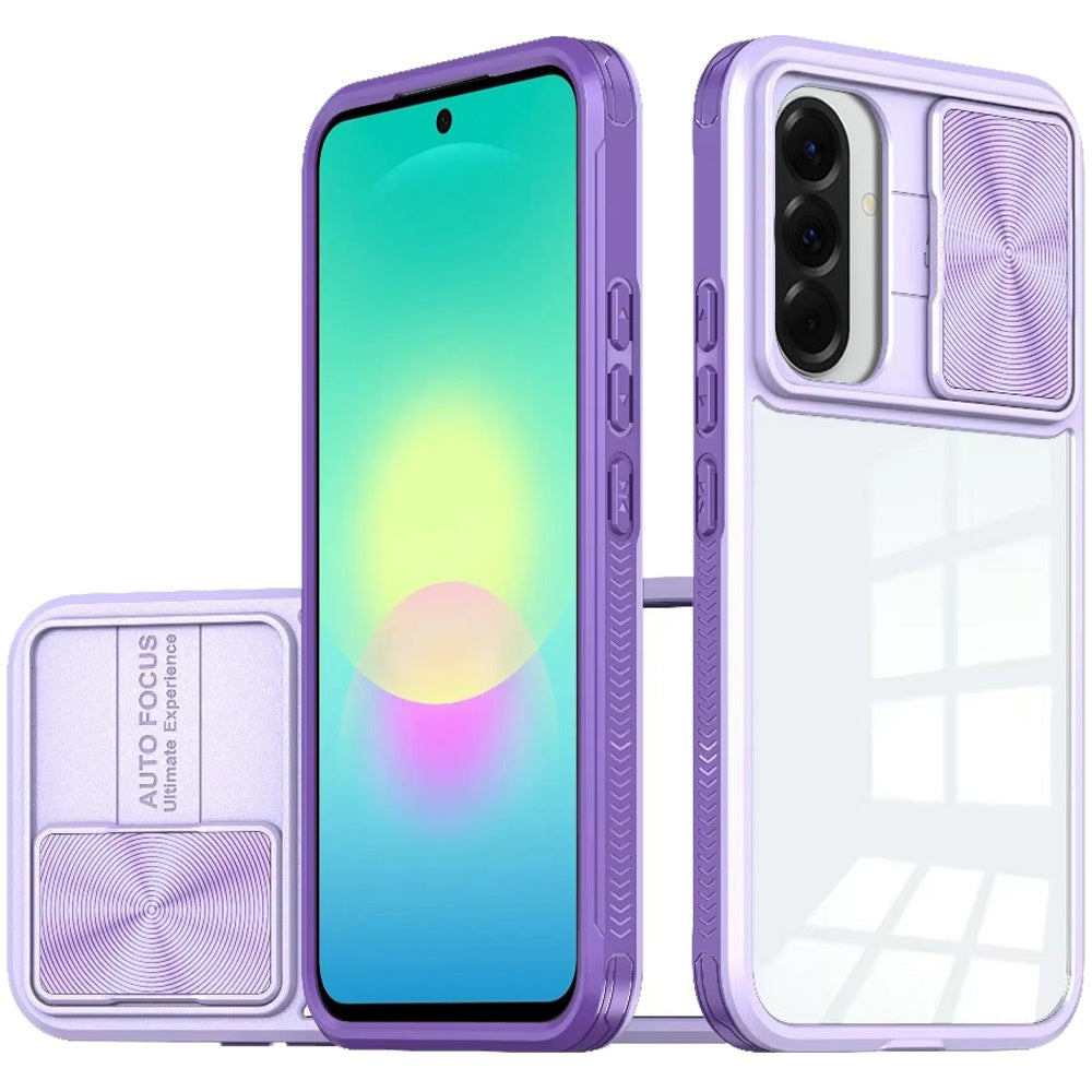 Phone Case for Samsung Galaxy A27 Clear Transparent Back with Sliding Camera Hybrid Shockproof Slim Protective Durable Colorful Frame Cover Purple