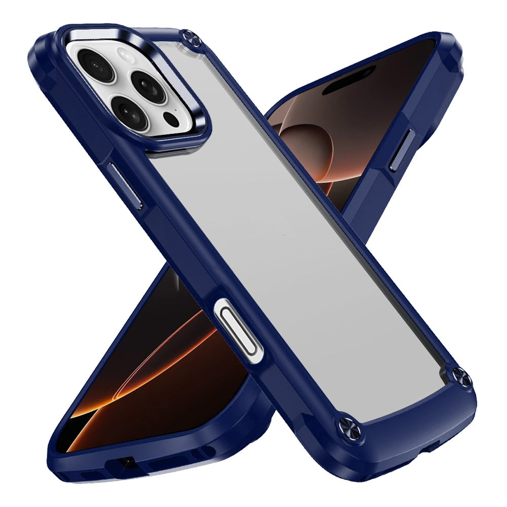Phone Case for iPhone 16 Pro Max Ultimate Hybrid Transparent Rubber with Metal Buttons & Camera Edges, Hard TPU Frame Corner Bumper Cover Blue