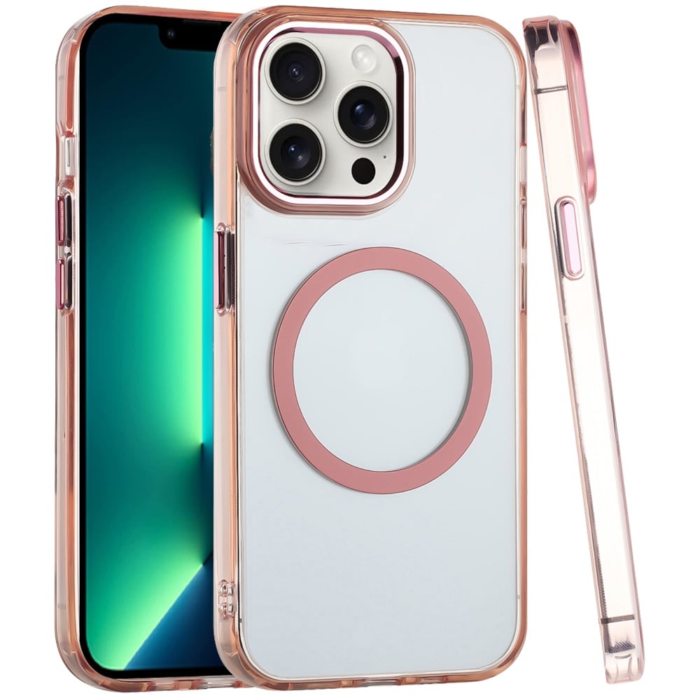 For Apple iPhone 13 Pro Transparent Back Hybrid Case - Magnetic Circle, Color Frame, Metal Buttons, MagSafe Compatible Case Cover Rose Gold