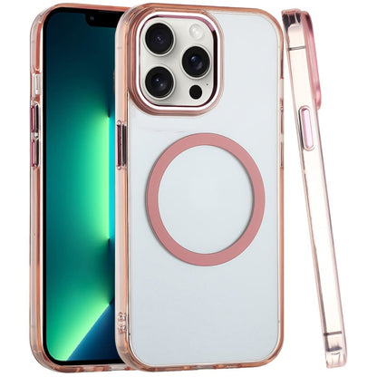 For Apple iPhone 13 Pro Transparent Back Hybrid Case - Magnetic Circle, Color Frame, Metal Buttons, MagSafe Compatible Case Cover Rose Gold