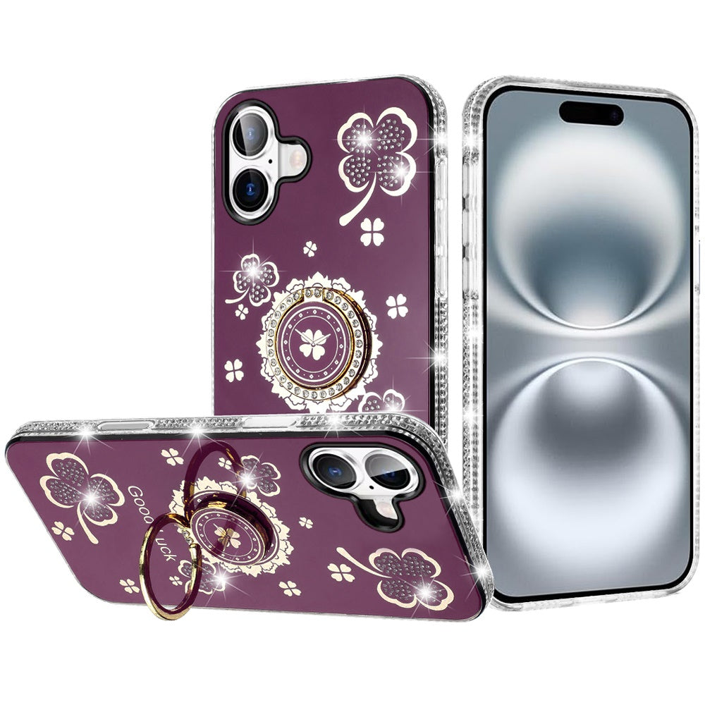 Phone Case for iPhone 16 Glitter Diamond Ring Stand Sparkle Rhinestone Edge AntiSlip Kickstand Luxury Fashion Bumper Shockproof Cover Red