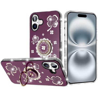 Phone Case for iPhone 16 Glitter Diamond Ring Stand Sparkle Rhinestone Edge AntiSlip Kickstand Luxury Fashion Bumper Shockproof Cover Red