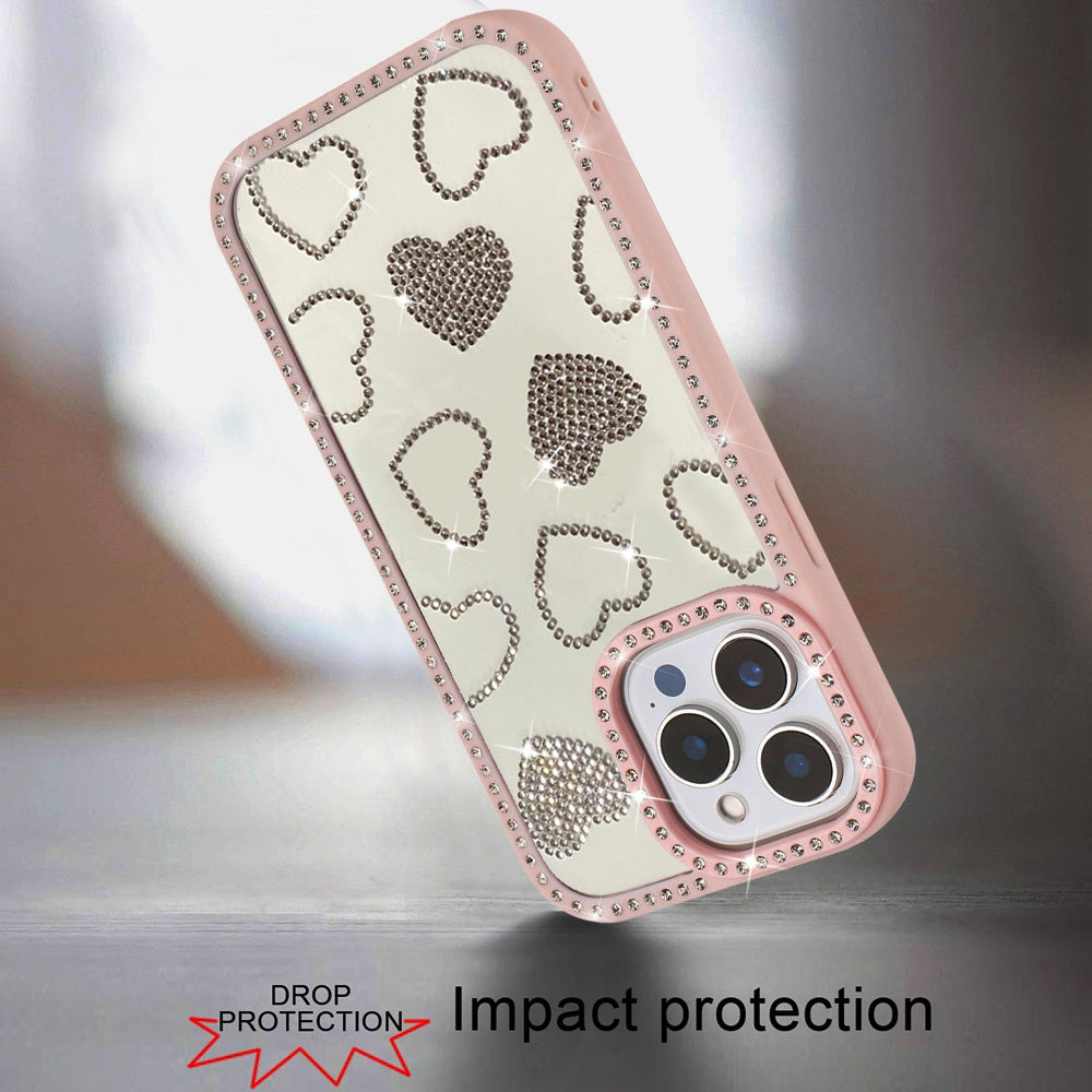 Phone Case for Apple iPhone 14 Pro Max Spread Love Hearts Glitter Shimmer Bling Diamond Edge Shockproof Hybrid Stylish Protective Slim Grip Designer Cover Pink