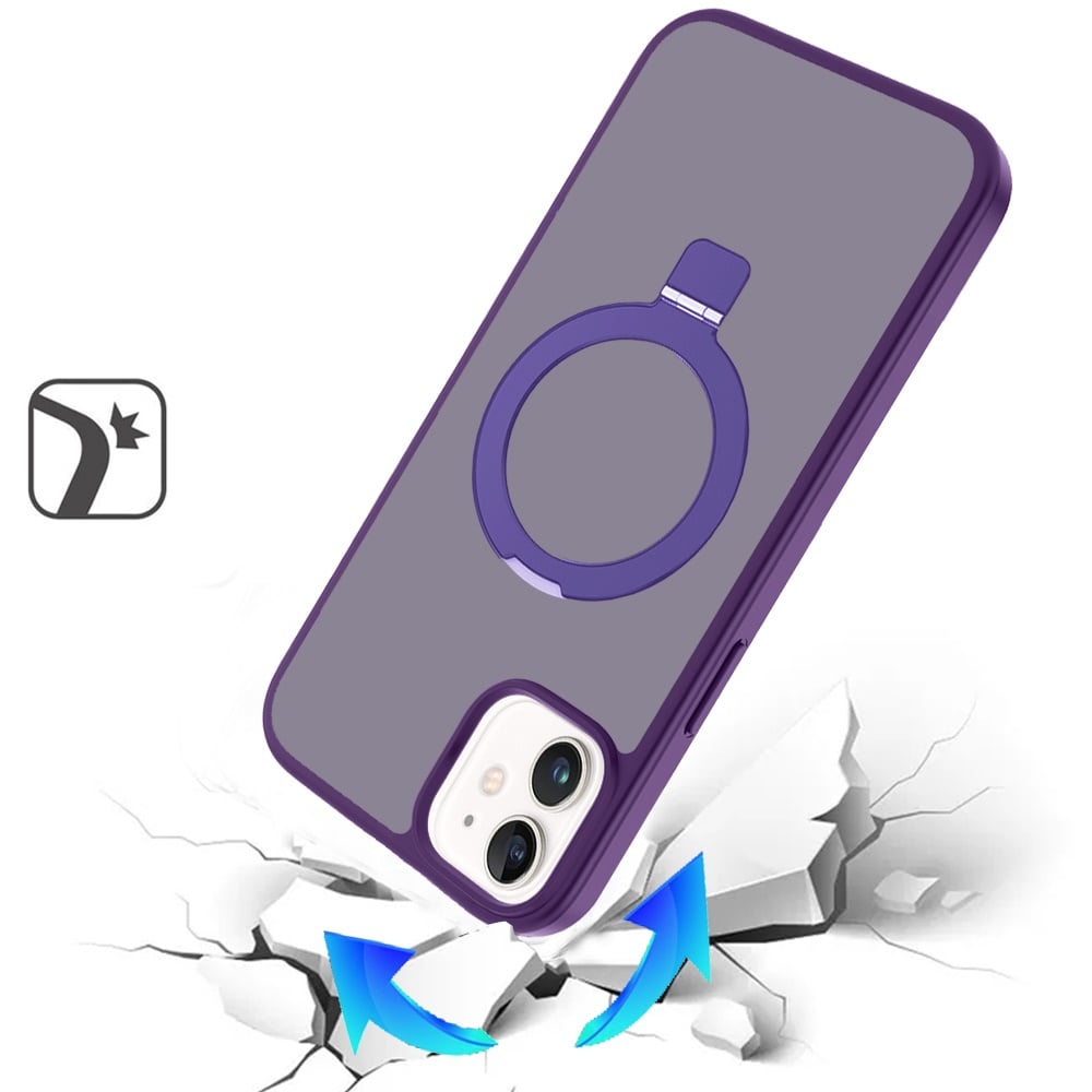 For iPhone 12 / iPhone 12 Pro (6.1") Magnetic Circle Back with Ring Stand Full Rotation Matte Hybrid Shockproof Case Cover Dark Purple