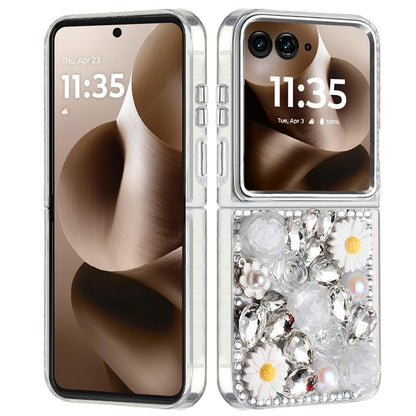 For Motorola Razr Ultra 2025 Fashion Daisy Floral Series, Full 3D Bling Crystal Diamonds Sparkling Rhinestone Glitter Hybrid Design Case Cover