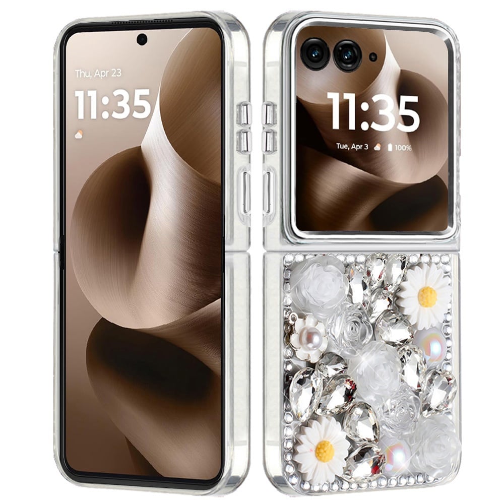 For Motorola Razr Ultra 2025 Fashion Daisy Floral Series, Full 3D Bling Crystal Diamonds Sparkling Rhinestone Glitter Hybrid Design Case Cover