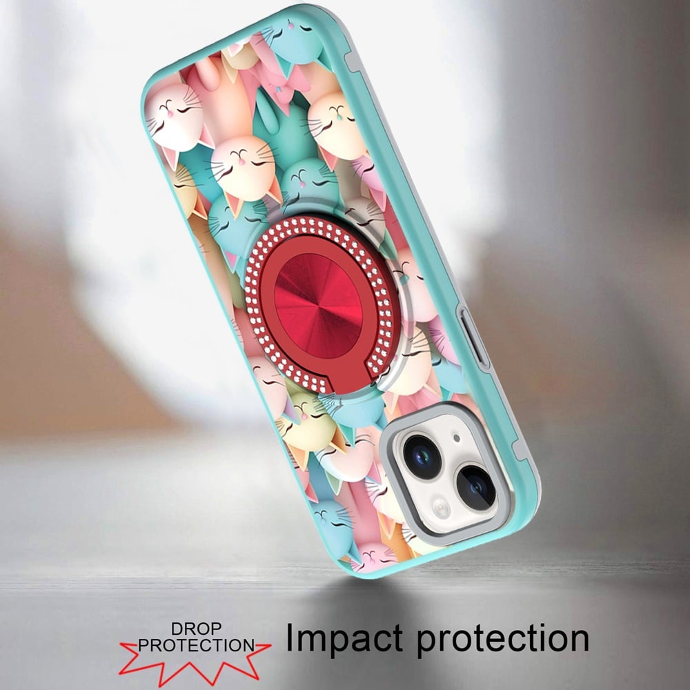 For iPhone 14/13 (6.1") Pattern Design Hybrid with Invisible Ring Stand & Magnetic Back, Shockproof Protective Grip Case Cover