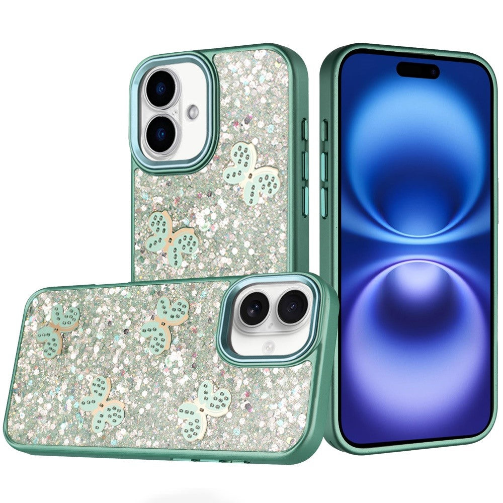 For Apple iPhone 17 (6.3") Cute Butterfly Crystal Diamond Glitter Case Sparkle Bling Frame Metallic Edges, Shimmer TPU Hybrid Case Cover