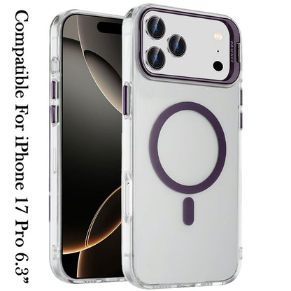 For Apple iPhone 17 Pro (6.3") Magnetic Back MagSafe Compatible Transparent Hybrid Drop Protection with Metallic Camera Stand Case Cover