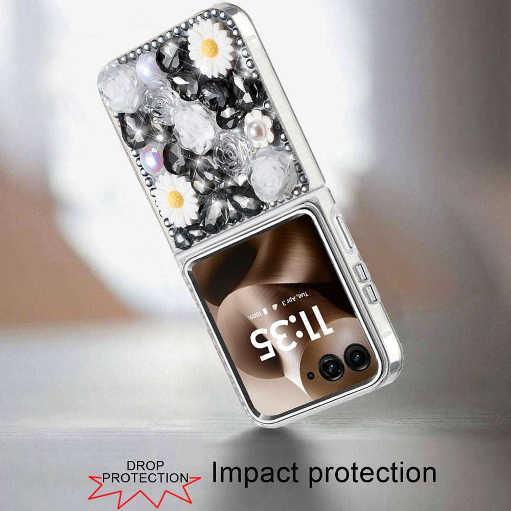 For Motorola Razr Ultra 2025 Fashion Daisy Floral Series, Full 3D Bling Crystal Diamonds Sparkling Rhinestone Glitter Hybrid Design Case Cover