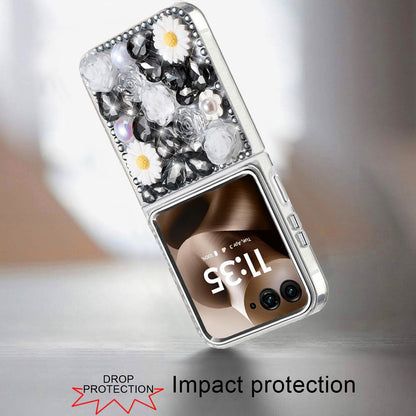 For Motorola Razr Ultra 2025 Fashion Daisy Floral Series, Full 3D Bling Crystal Diamonds Sparkling Rhinestone Glitter Hybrid Design Case Cover