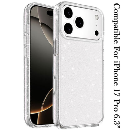 For Apple iPhone 17 Pro Transparent Glitter Shiny Sparkle Bling TPU Rubber Hard Back Hybrid Frame Shockproof Case Cover