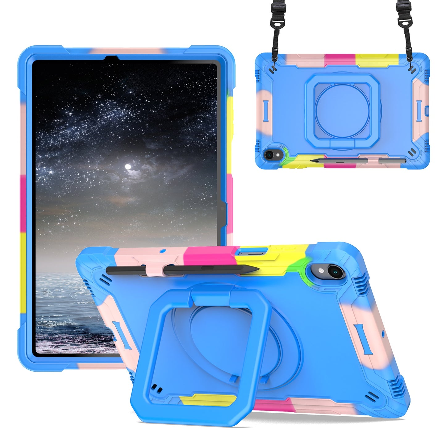 Tablet Case for Samsung Galaxy Tab S11 360 Rotating Kickstand Hybrid Rugged Shockproof Armor Dual Layer Hard PC Soft TPU Drop Protection with Strap Cover