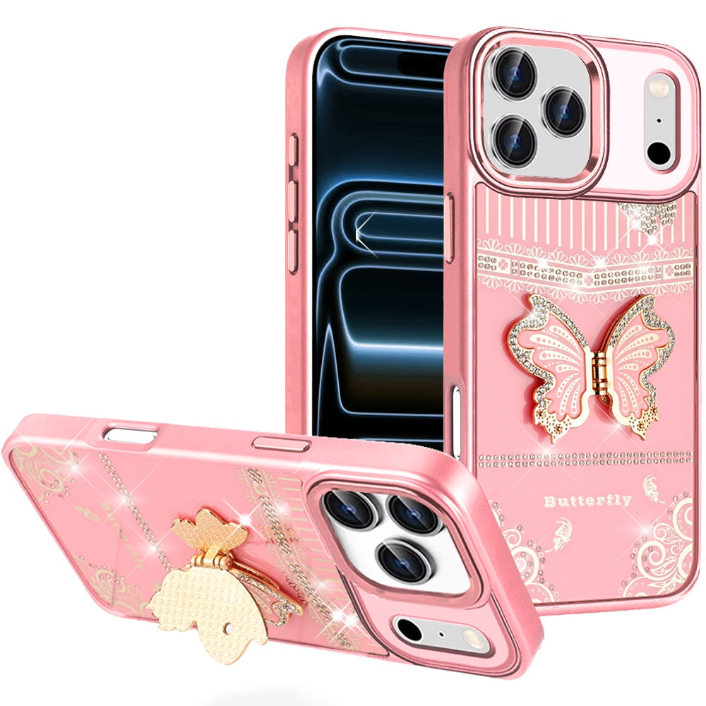 Phone Case for Apple iPhone 17 Pro Max Glitter Bling Butterfly Stand Metallic Edge Hybrid Shockproof Grip Durable Camera Protection Stylish Design Cover Light Pink